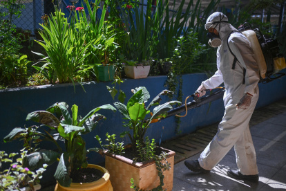 Un trabajador durante una jornada de fumigación al interior de una escuela en la región administrativa de Ceilândia, en Brasilia (Brasil).