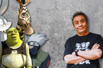 Alfonso Obregón y los personajes animados a los que ha doblado.