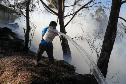 Fotografía del 6 de septiembre de 2024 de un ciudadano que trata de apagar un incendio, en Quito.