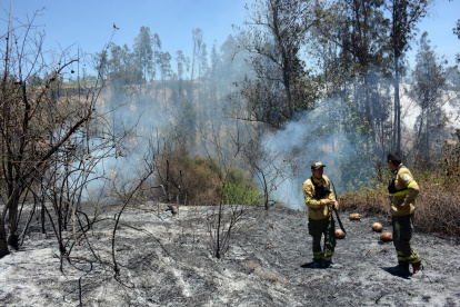 Un equipo de Bomberos inspeccionaba una zona del fuego en El Quinche.