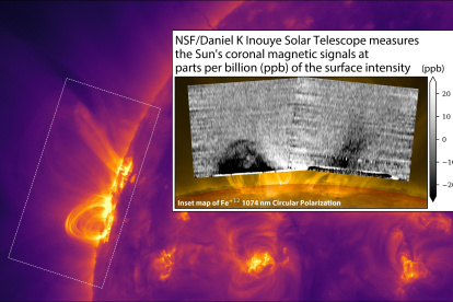 El Telescopio Solar Daniel K. Inouye de la Fundación Nacional para la Ciencia de EE.UU. presenta su primer mapa de las señales del campo magnético coronal solar . La imagen de fondo identifica la región observada en detalle por Inouye tal y como la captó el Observatorio de Dinámica Solar de la NASA en luz ultravioleta. CRÉDITO: Fundación Nacional para la Ciencia de EEUU