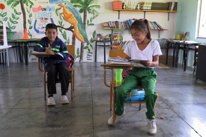 Fotografía de estudiantes de la Institución Educativa Técnica Tapias, sede La Cabaña, en la población de Toche (Colombia). La asignatura favorita de Kevin, Stiven y Nicole, de 6, 8 y 9 años, son las matemáticas, que estudian en una escuela remota en el centro de Colombia en la que hay matriculados 5 alumnos y que tiene una peculiaridad: está ubicada en el cráter de un volcán. EFE/ Juan Diego López