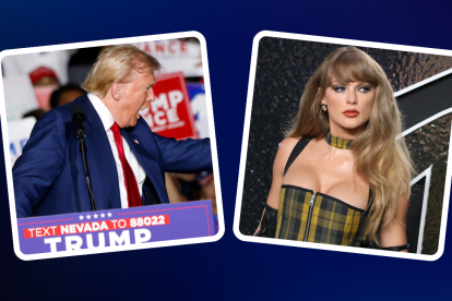 Combo de fotografías que muestra al candidato republicano Donald Trump (i) en un mitin de campaña en la Expo en el World Market Center en Las Vegas el pasado viernes y la cantante Taylor Swift posando durante la alfombra roja de los MTV Video Music Awards 2024