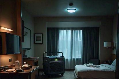 Referencial. Imagen generada con inteligencia artificial de una habitación de hotel con generador eléctrico.