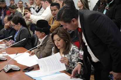 La asambleísta oficialista Inés Alarcón acudió a la mesa de Fiscalización para presentar las nuevas firmas de respaldo, que no fueron rechazadas.