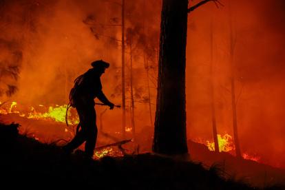 Un hombre parte de un grupo de bomberos y vecinos autogestionados combate un incendio forestal este lunes, en Intiyaco en las cercanías de Villa Berna, provincia de Córdoba (Argentina).