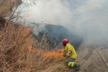 Personal del Cuerpo de Bomberos de Loja trabajan para controlar el incendio forestal en Vilcabamba.