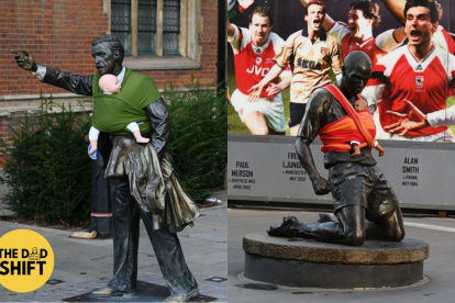 Estatuas con portabebés con muñecos en el centro de Reino Unido.