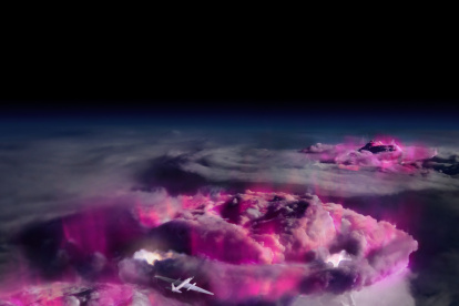 púrpura de la nube de tormenta que es una visualización de los resplandores de rayos gamma. Imagen facilitada por The ALOFT team / Mount Visual, bajo licencia CC BY 4.0. EFE