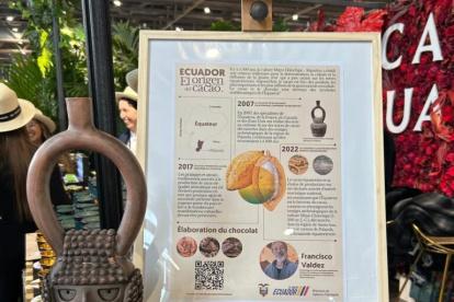 Muestra. La exposición contiene un escrito sobre el origen del cacao.