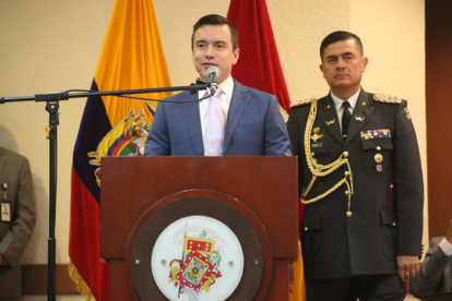 El presidente de la República, Daniel Noboa, durante su intervención por la Independencia de Cuenca.