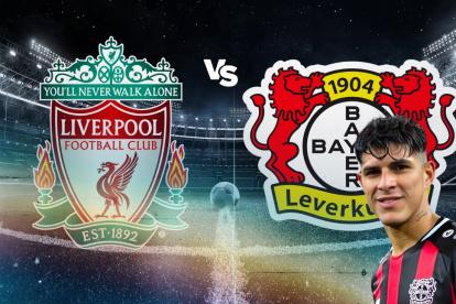 Piero Hincapié con su Bayer Leverkusen de Alemania visita al Liverpool.