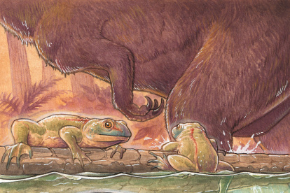 Recreación de renacuajos y adultos de "Notobatrachus degiustoi" en una laguna del Jurásico Medio de Patagonia. Crédito: . Imagen facilitada por Nature.