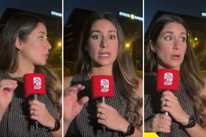 La periodista se observa nerviosa durante toda la transmisión en las afueras del estadio de Barcelona SC.