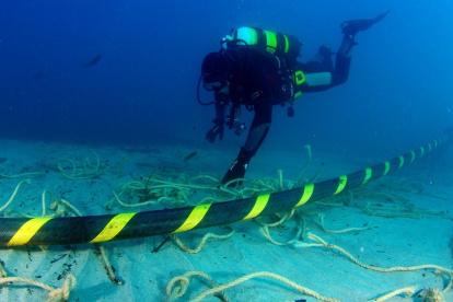 Un buzo se desplaza en las aguas del océano, junto a un cable submarino de fibra óptica.