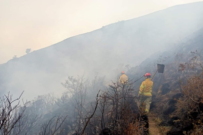 Bomberos de Pujilí, lucha por varios días contra un incendio forestal incontrolable en Angamarca.