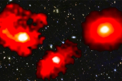 Los tres monstruos rojos son galaxias extremadamente masivas y polvorientas en los primeros mil millones de años posteriores al Big Bang. Crédito: NASA/CSA/ESA, M. Xiao y P. A. Oesch (Universidad de Ginebra), G. Brammer (Instituto Niels Bohr), Archivo Dawn JWST. Imagen facilitada por la Universidad de Ginebra.