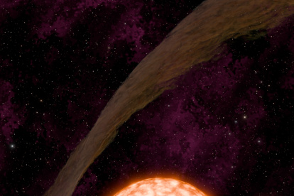 Representación artística del sistema que muestra la estrella anfitriona, el planeta en tránsito, el disco de transición desalineado y la compañera binaria ancha (al fondo). Crédito: NASA/JPL-Caltech/R. Hurt, K. Miller (Caltech/IPAC)