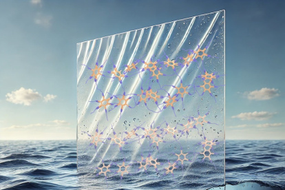 Representación artística del nuevo plástico. Los puentes de sal reticulados visibles en el plástico fuera del agua de mar le dan su estructura y resistencia.