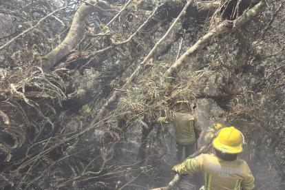 Hecho. Bomberos de Loja inspeccionan la zona afectada por el incendio para definir las medidas a emprender.