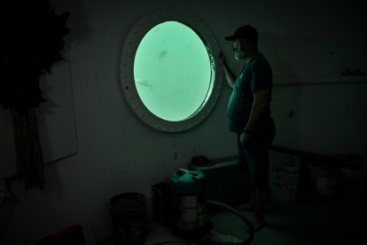 German aerospace engineer Rudiger Koch, 59, looks through a window inside an underwater room off the coast of Puerto Lindo, Panama, on November 26, 2024. - Koch, an admirer of Captain Nemo, has been locked underwater for more than two months at a depth of 11 meters to break a Guinness World Record. Surrounded by fish, he intends to prove that it is possible to live peacefully under the ocean. (Photo by MARTIN BERNETTI / AFP) ag-periodistas