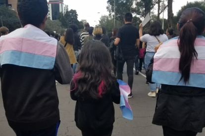 En 2019, la familia de Amada, niña trans, en una marcha, con la bandera con los colores celeste, que caracterizan a niños; rosado, a las niñas; y blanco, a quienes transicionan de un género a otro.