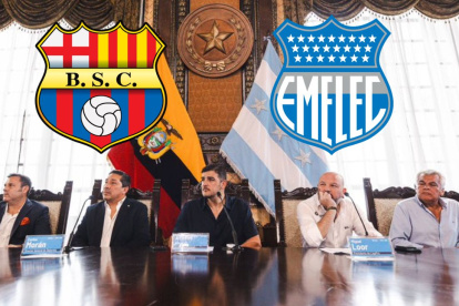 José Nogales de Barcelona, Carlos Morán, director de Deportes de la Alcaldía, Aquiles Álvarez, alcalde de Guayaquil, César Avilés de Emelec y Miguel Ángel Loor de LigaPro;Cortesía