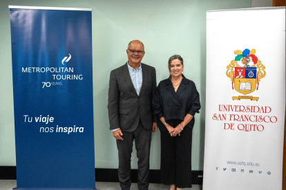 Diego Quiroga, Rector Universidad San Francisco de Quito y Paulina Burbano de Lara, presidenta de Metropolitan Touring