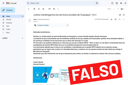 El correo, calificado como fraudulento, invita a votar por cierta candidata a la presidencia.