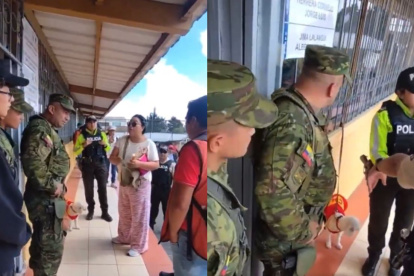 Captura de video que circula en redes sociales en donde se muestra a personal de la fuerza pública  hablando con la ciudadana que denuncia que no la dejan votar acompañada de su mascota.
