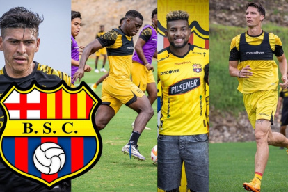 Javier Arreaga, Álex Rangel, Gustavo Vallecilla y Gastón Campi, defensas centrales de Barcelona.