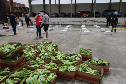 RUEDA DE PRENSA EN OFICINA DE ANTINARCOTICO DEL PUERTO DONDE DAN A CONOCER LA INCAUTACION DE 6 TONELADAS DE DROGA EN UN CONTAINER DE BANANO QUE TENIA COMO DESTINO BELGICA PERIODISTA : STALIN CARRION FECHA :14 /02/2022 Agencia (ag-extra)