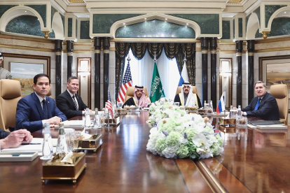 This handout picture taken and released by the Russian Foreign Ministry shows (L-R) US Middle East envoy Steve Witkoff, Secretary of State Marco Rubio, National Security Advisor Mike Waltz, Saudi Arabia"s Foreign Minister Prince Faisal bin Farhan al-Saud, National Security Advisor Mosaad bin Mohammad al-Aiban, the Russian president"s foreign policy advisor Yuri Ushakov, and Russia"s Foreign Minister Sergei Lavrov attending a meeting together at Riyadh"s Diriyah Palace on February 18, 2025. Russia told the United States in talks on February 18 that it opposed any NATO member sending troops to Ukraine as part of a ceasefire, Moscow"s foreign minister said. (Photo by RUSSIAN FOREIGN MINISTRY / AFP) / RESTRICTED TO EDITORIAL USE - MANDATORY CREDIT "AFP PHOTO / X ACCOUNT OF RUSSIAN FOREIGN MINISTRY " - NO MARKETING NO ADVERTISING CAMPAIGNS - DISTRIBUTED AS A SERVICE TO CLIENTS