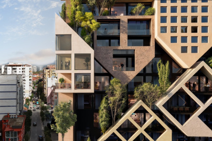 Torre Puzzle Tirana: varios módulos en una de las fachadas.