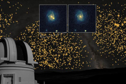 El telescopio Palomar de 48 pulgadas, en el Observatorio Palomar de California, con una imagen de la Vía Láctea al fondo. Las estrellas representan el número de supernovas descubiertas en cada dirección y el recuadro es una imagen de una galaxia después (izquierda) y antes (derecha) de la explosión de la supernova. Fotografía facilitada por