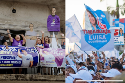 En la campaña de primera vuelta, de las elecciones 2025, imágenes de Daniel Noboa y Luisa González.
