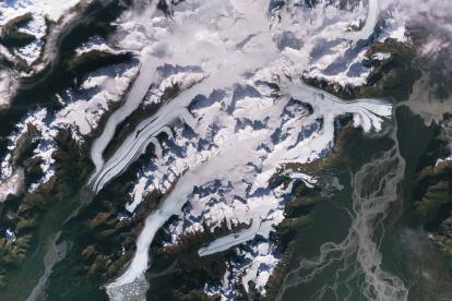 Imagen, tomada por el satélite Sentinel-2 en 2017,  que muestra el deshielo de los glaciares Scott (izquierda), Sheridan (centro) y Childs (derecha). Crédito: Copernicus Sentinel data 2017