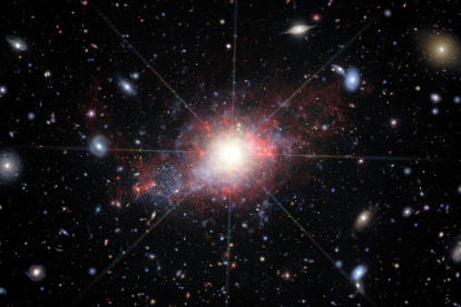 La ilustración artística muestra una galaxia enana que alberga un núcleo galáctico activo, y en el fondo hay muchas otras galaxias enanas que albergan agujeros negros activos,