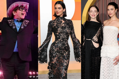 Elton John, Kendall Jenner y Emma Stone junto a Margaret Qualley.