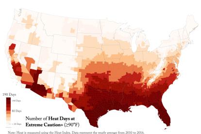 Número de días de calor en "Extrema Precaución" + (≥32°F) en todo Estados Unidos. El calor se mide utilizando el Índice de Calor. Los datos representan la media anual de 2010 a 2016. Crédito: USC/Eunyoung Choi