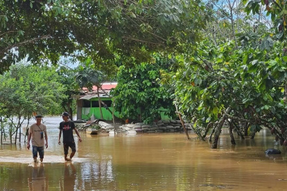 Inundación. Dos jóvenes caminan en un área anegada de Los Ríos.