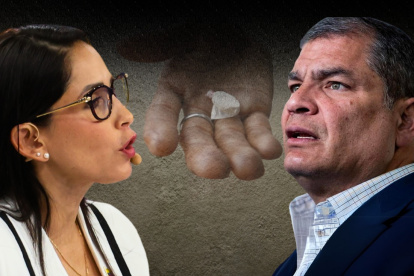 Fotomontaje para graficar este artículos sobre la candidata presidencial Luisa González y su líder Rafael Correa, en torno a un tema delicado para sus intereses políticos.