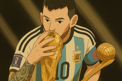 Lionel Messi recreado al estilo Ghibli con IA, celebrando su victoria en la Copa del Mundo 2022.