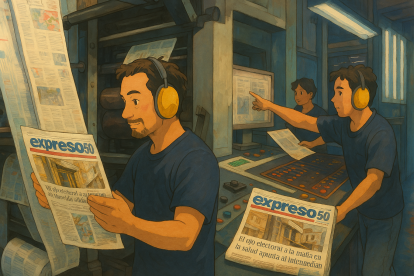 Imagen estilo Studio Ghibli generada con ChatGPT de personal en la rotativa de EXPRESO.