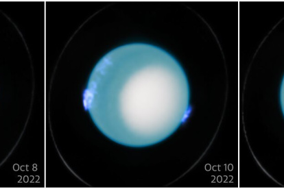 Tres imágenes del telescopio espacial Hubble de la NASA/ESA de la aurora dinámica en Urano en octubre de 2022. Fotografía facilitada por