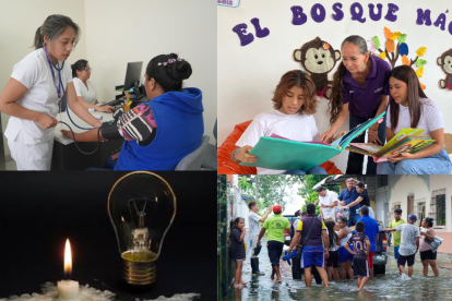 Imágenes representativas de las problemáticas que enfrenta el Ecuador en salud, educación, energía, etc. Y que deberá enfrentar Daniel Noboa hasta el 2029.