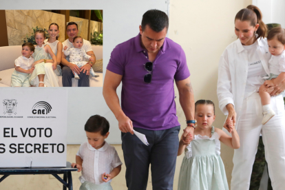Daniel Noboa junto a su familia, en las votaciones y en la celebración en casa.