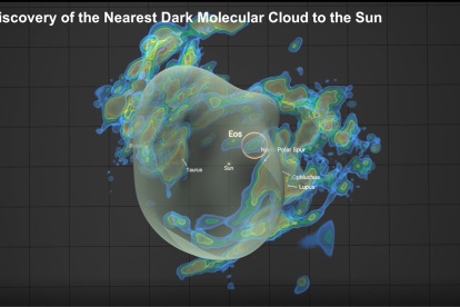 Los científicos han descubierto una nube potencialmente formadora de estrellas y la han llamado "Eos". Se trata de una de las estructuras individuales más grandes del cielo y una de las más cercanas al Sol y a la Tierra jamás detectadas. Fotografía facilitada por  (HdA/MPIA) y Thavisha Dharmawardena (NYU). EFE