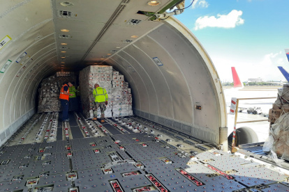 Una plataforma de rieles y rulimanes permiten evacuar la carga del aeropuerto sin mayor esfuerzo.