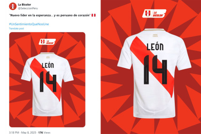 Imágenes tomadas de la cuenta en X de la selección peruana de fútbol @SelecciónPeru de una camiseta de la selección con el nombre León y el número catorce en honor al papa León XIV.